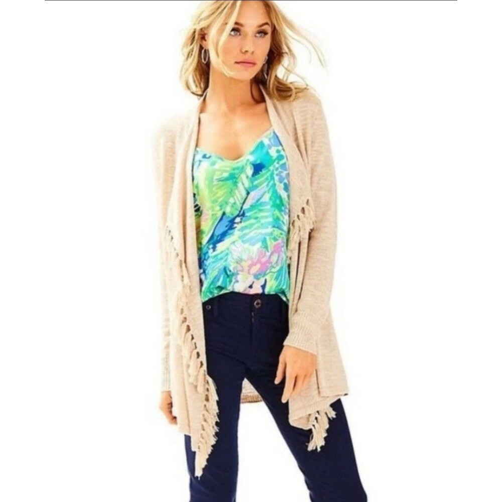 Lilly Pulitzer XXS Lucita Fringe Tassels Cardigan Sweater Tan Boho Festival‎